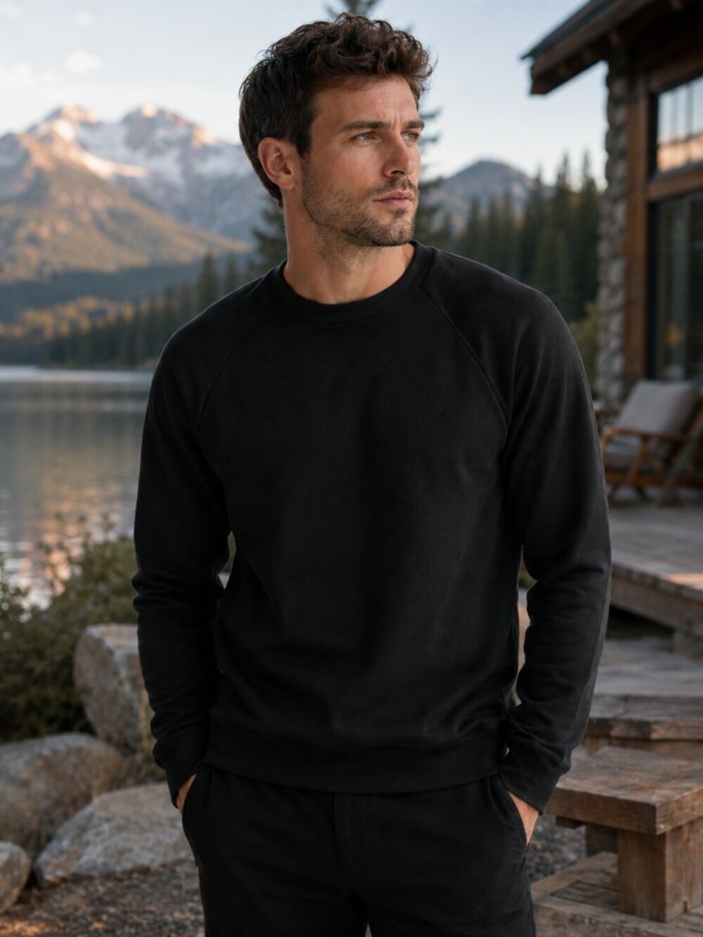Postmarc Men’s Black Luxe Performance Crewneck Sweatshirt M Minimalist Essential